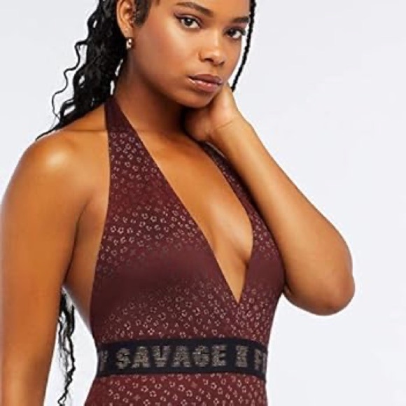Savage x Fenty New Baby Leopard Plunge Halter Bodysuit High Cut Bottoms Wine EUC - Picture 3 of 9